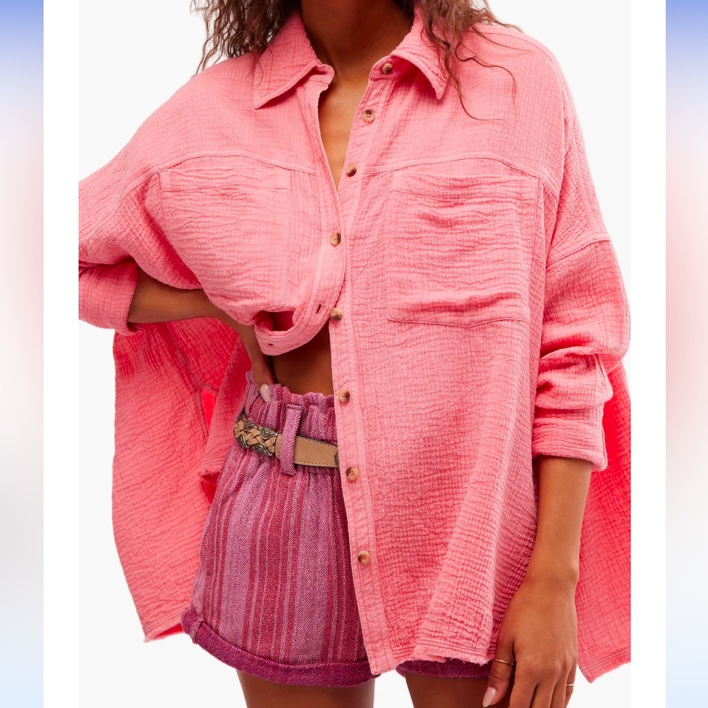 Free People Cardiff Cotton Gauze Button-up Shirt In Pinky Promise